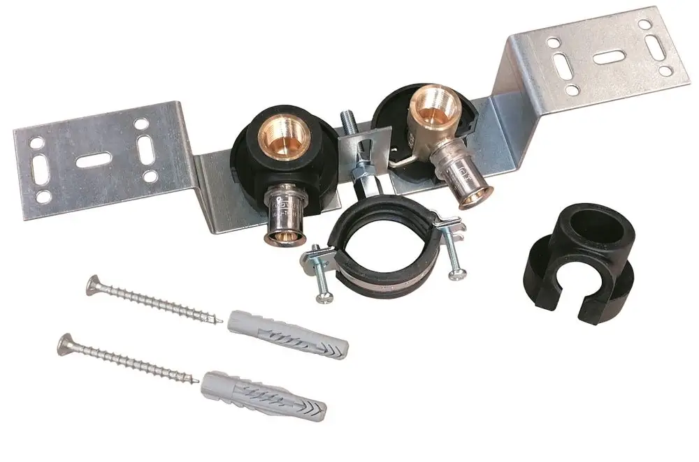 Montageplatte aus Metall mit zwei Anschlussstücken und Halterungen, geeignet für die Installation von Wavin-Produkten. Enthält Befestigungsschrauben und Dübel.